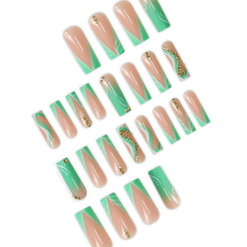 Green Gradient Rhinestones Fake Nails with Nail File & Tape, 24pcs/set Long Coffin Press on Nails for Women & Girls DIY Nail Art, Elegant Stick on Nails Kit