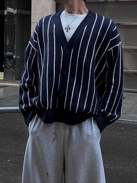 Men's Vintage Striped Jacquard Cardigan, Long Sleeve V Neck Button Front Sweater, Casual Loose Fit Knitwear for Spring Fall Winter