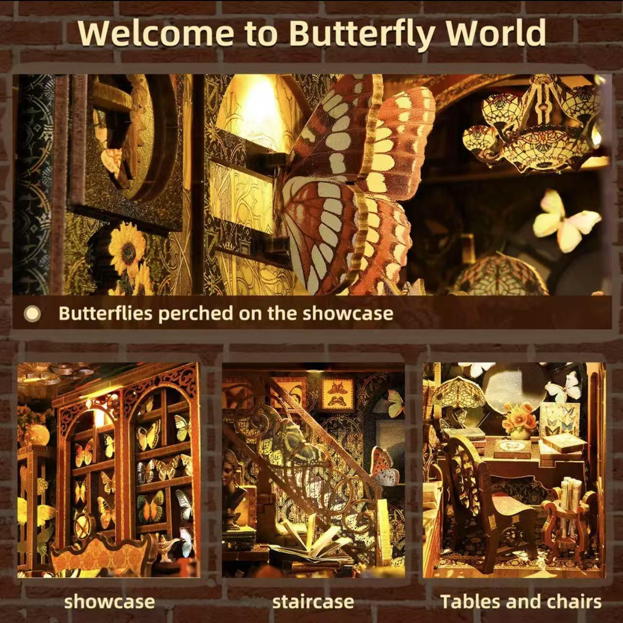 DIY Book Nook Kit 3D Wooden Puzzle Miniature Toy House Book Corner Kit Bookshelf Block Bookshelf Insert Decoration With LED Lights and Glue Suitable for Adults and Teens (Butterfly Collection Room)