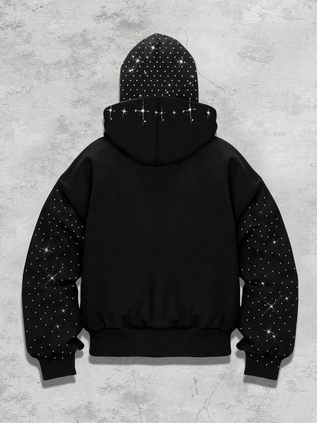 Eye pattern, two hats, zipper hoodie for men, sleeve hat with rhinestones, sparkling starry sky cardigan, hooded unisex hoodie, European and American street casual fashion trend jacket, autumn and winter velvet hoodie, party nightclub Instagram style