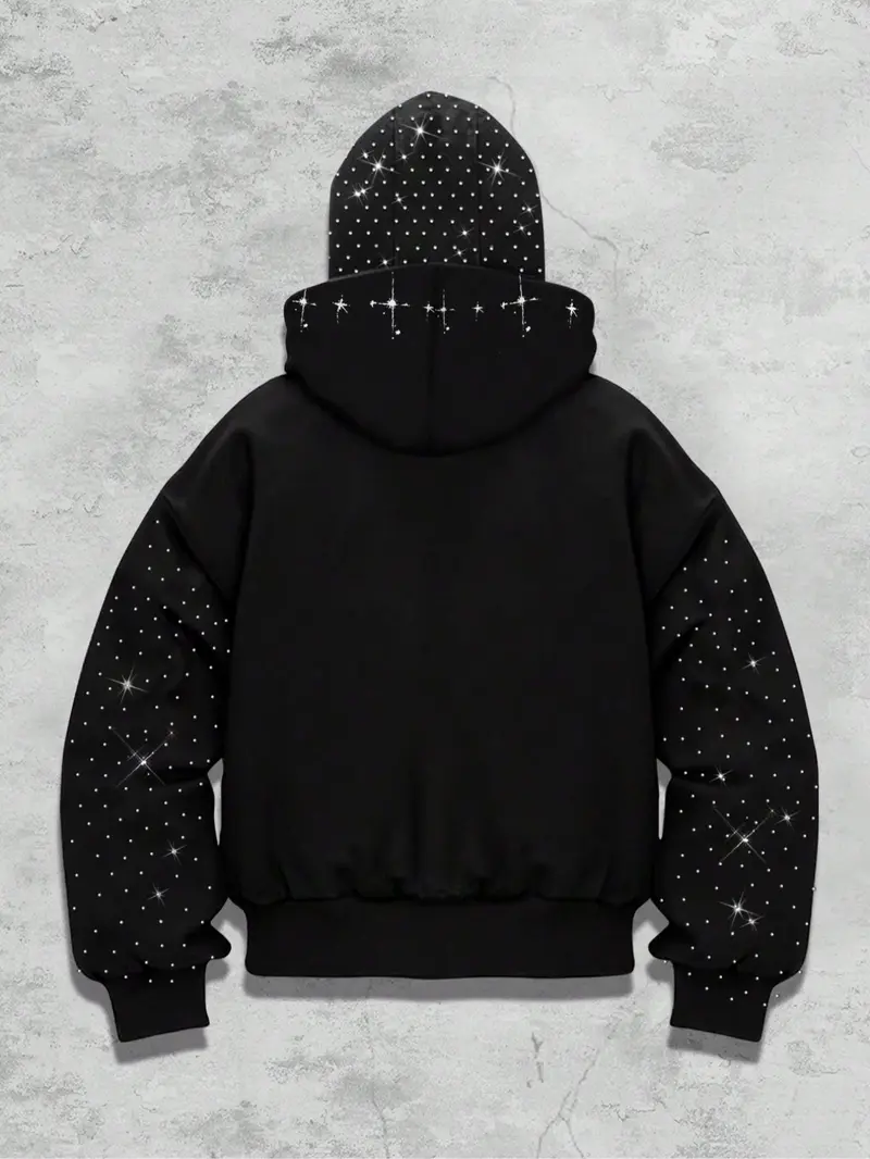 【Black Friday】Unisex Loose Rhinestone-Embellished Zipper Hoodie, Eye Print Warm Fleece-Lined Hooded Sweatshirt, Autumn and Winter Wear, Hip-Hop Street Style Graphic Top for Nightclubs and Music Festivals