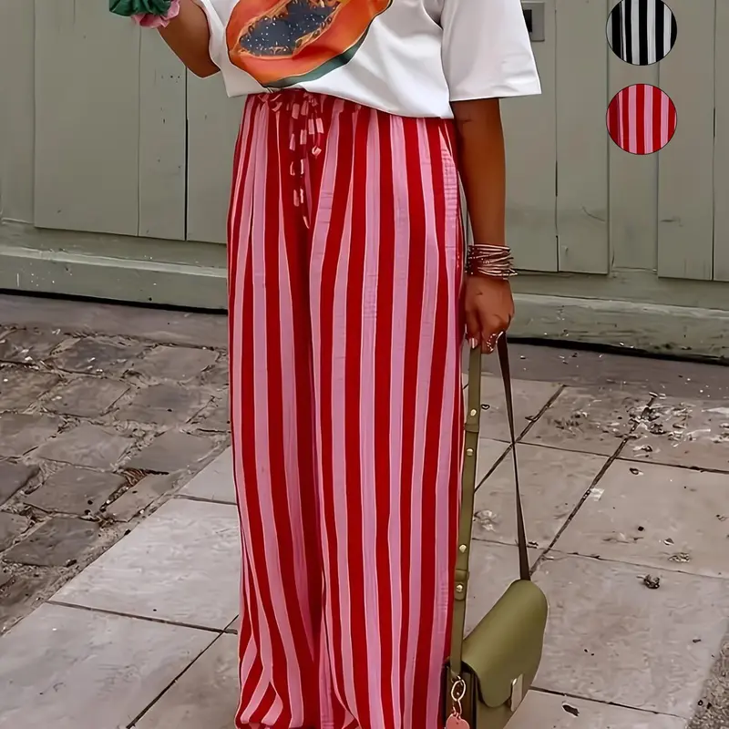 Fashion Striped Wide-Leg Pants Plus Size Casual Elastic Waist Loose Fit Trousers, Lightweight Breathable Fabric, Trendy Vacation Daily Wear, Comfortable Flowy Fit Streetwear Bottoms, Casual Comfy Trousers