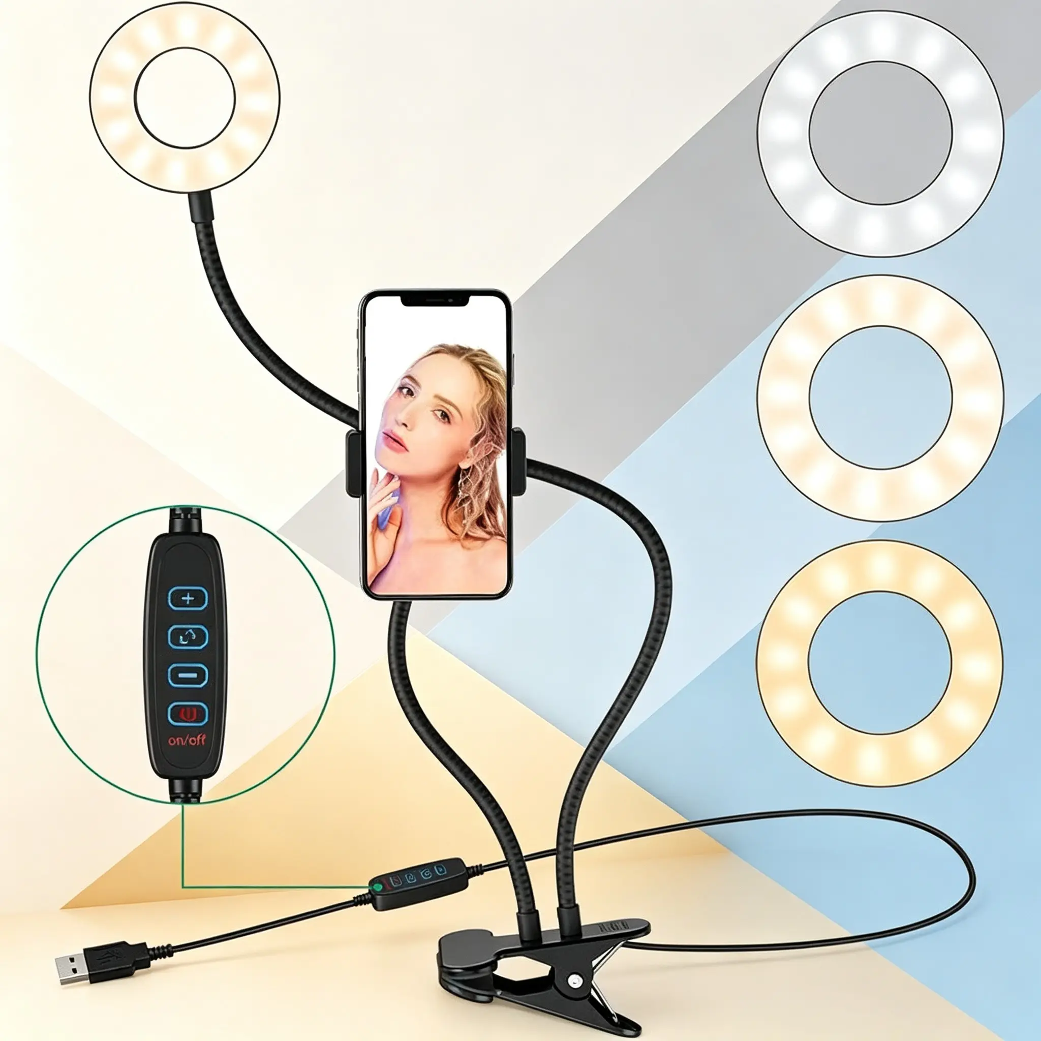 Desktop Clamp Ring Light Phone Stand, Dual Flexible Arms, USB Beauty Lamp, Makeup Live Streaming Short Video Shooting Stand