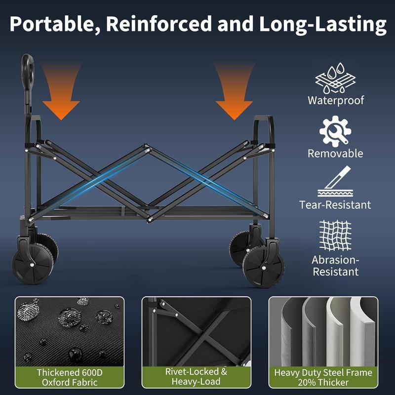 Foldable GarveeLife Multi-Purpose Trolley with All-Terrain Wheels, Drink Holders and Adjustable Grip, 172 kg, Portable Food Trolley for Shopping, Camping, Garden, Car Travel Accessories Black