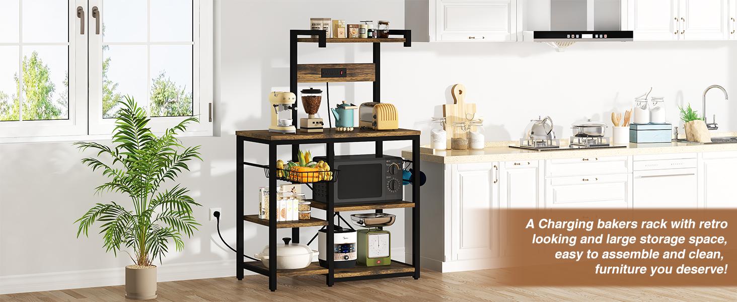 Recaceik Bakers Rack for Kitchen with Power Outlet Microwave Oven Stand Metal Wire Basket Organiser with Hooks Retro Storage Furniture Utility Shelf for Indoor Display Rack summervibes Recaceik Bakers Rack for Kitchen with Power Outlet Microwave Oven Stand Metal Wire Basket Organiser with Hooks Retro Storage Furniture Utility Shelf for Indoor Display Rack summervibes