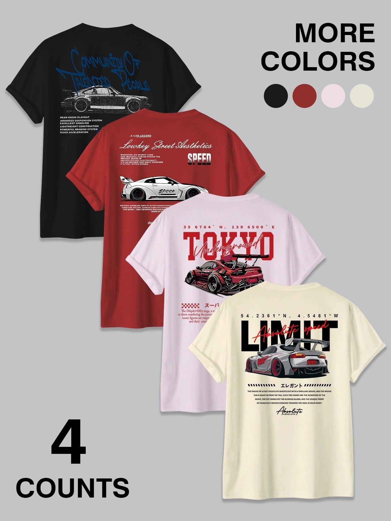 4-Pack JDM Car & Tokyo Street Aesthetic Graphic T-Shirts | Racing Streetwear Casual Tees Set
