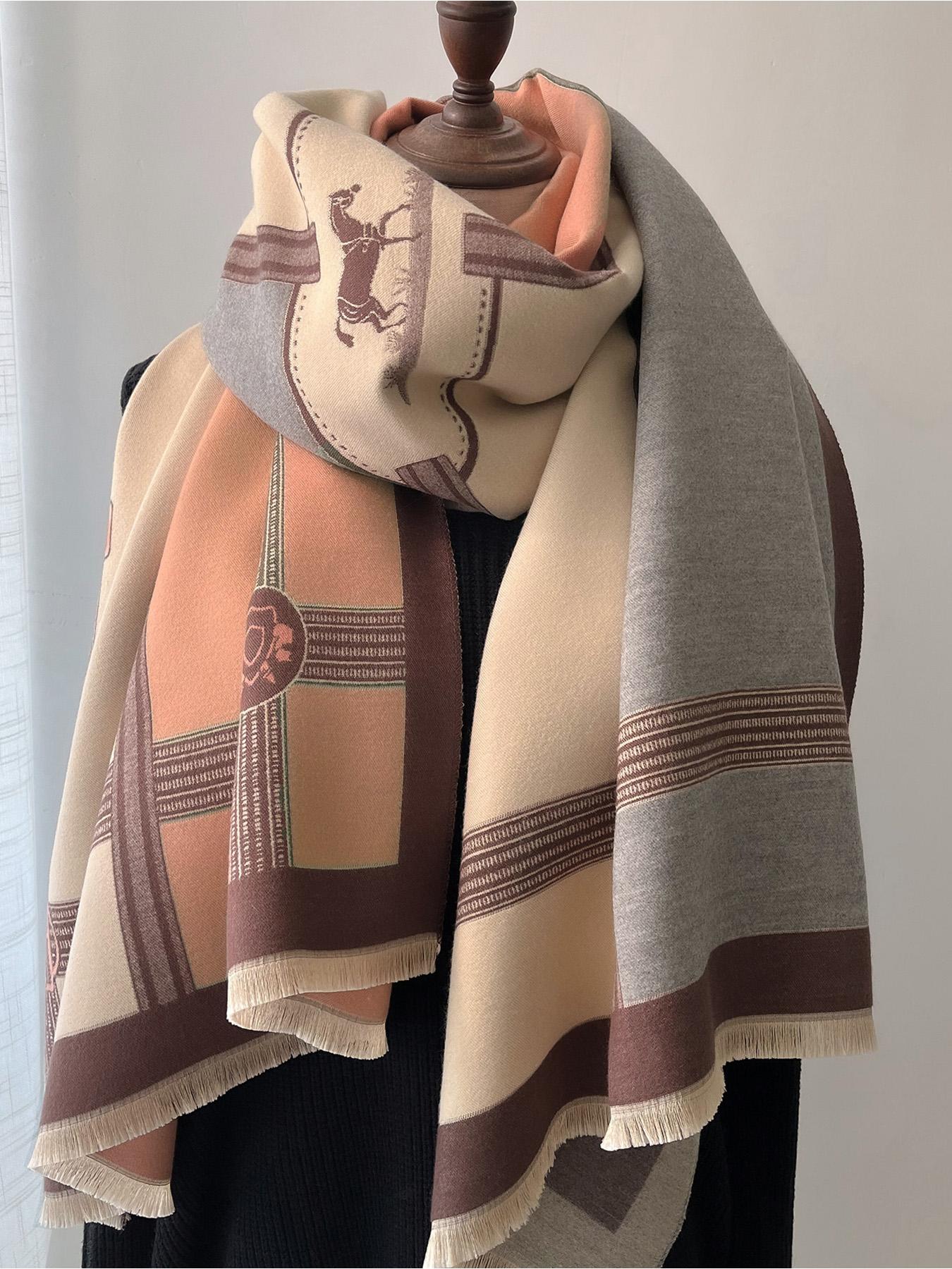 Boho-Style Horse-Pattern Scarf with Fringe-Trim, Casual Soft Warm Shawl for Fall and Winter, Fashion Accessory for Women & Girls