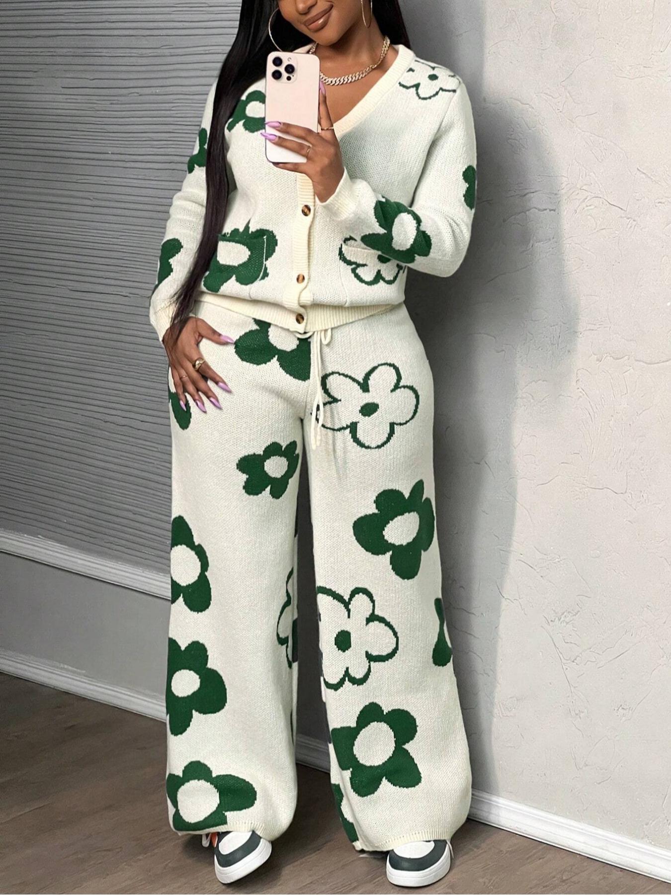 Plus Size Floral V Neck Cardigan Set, Fall & Winter Jacquard Sweater and Knit Pants Two-Piece, Casual Loose-Fitting Style
