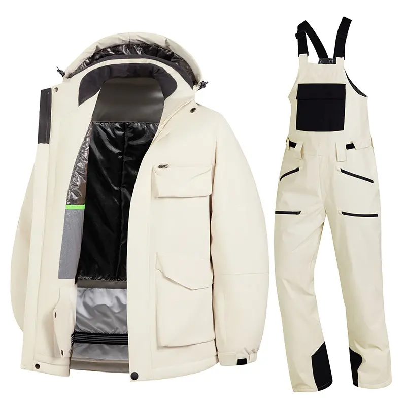 Thickened Waterproof Ski Suit with Straps, Two-Piece Set, Unisex Snowboard Jacket, Outdoor Windproof and Warm Ski Outfit