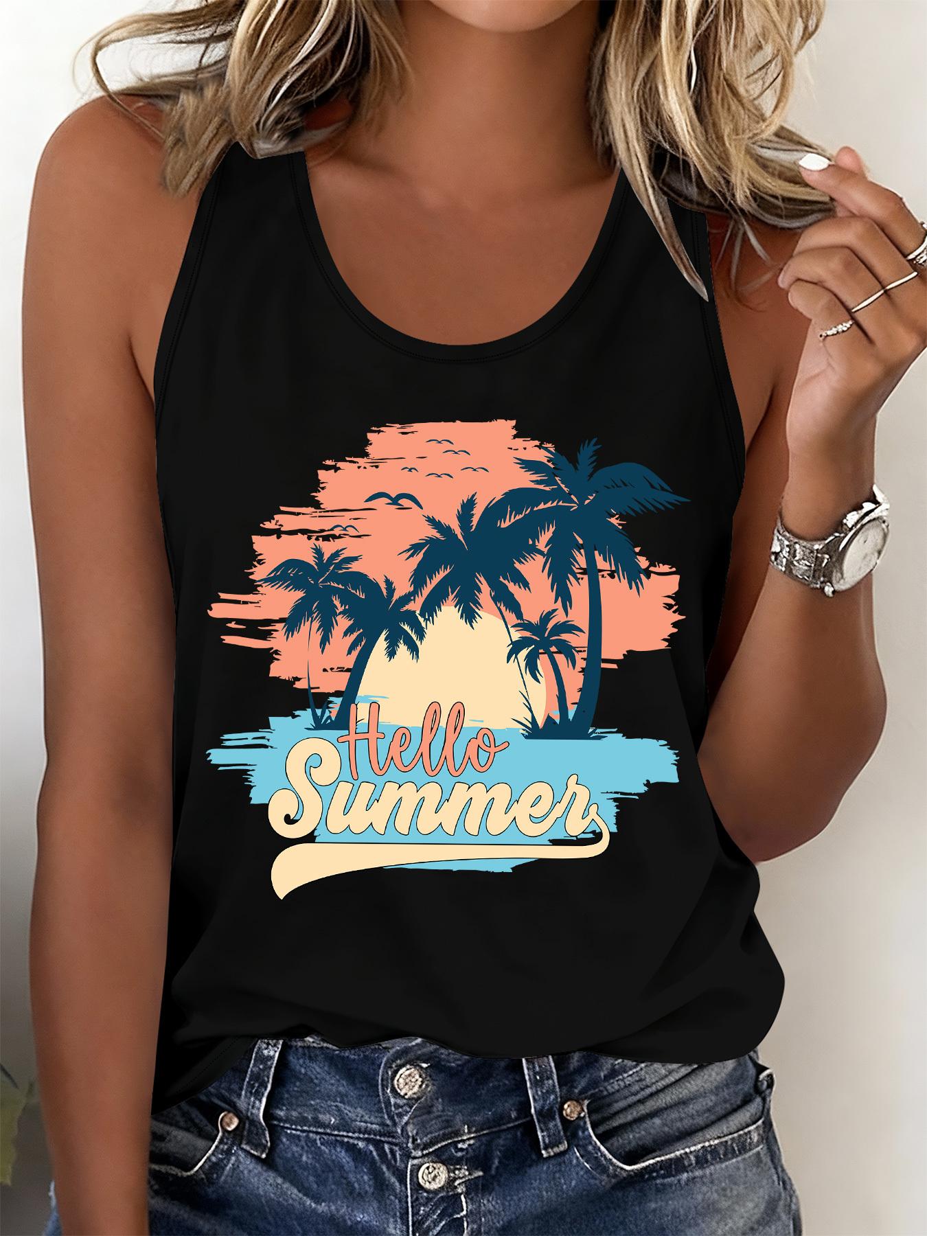 Women's Non- Sleeveless Tank Top with Coconut Tree Print - Opaque Round Neck Blouse Style Suitable for Vacation, Beachwear & Casual Attire, Medium Stretch Machine Washable Spring Summer (Casual Comfortable Opaque Vest) Women's Non- Sleeveless Tank Top with Coconut Tree Print - Opaque Round Neck Blouse Style Suitable for Vacation, Beachwear & Casual Attire, Medium Stretch Machine Washable Spring Summer (Casual Comfortable Opaque Vest)