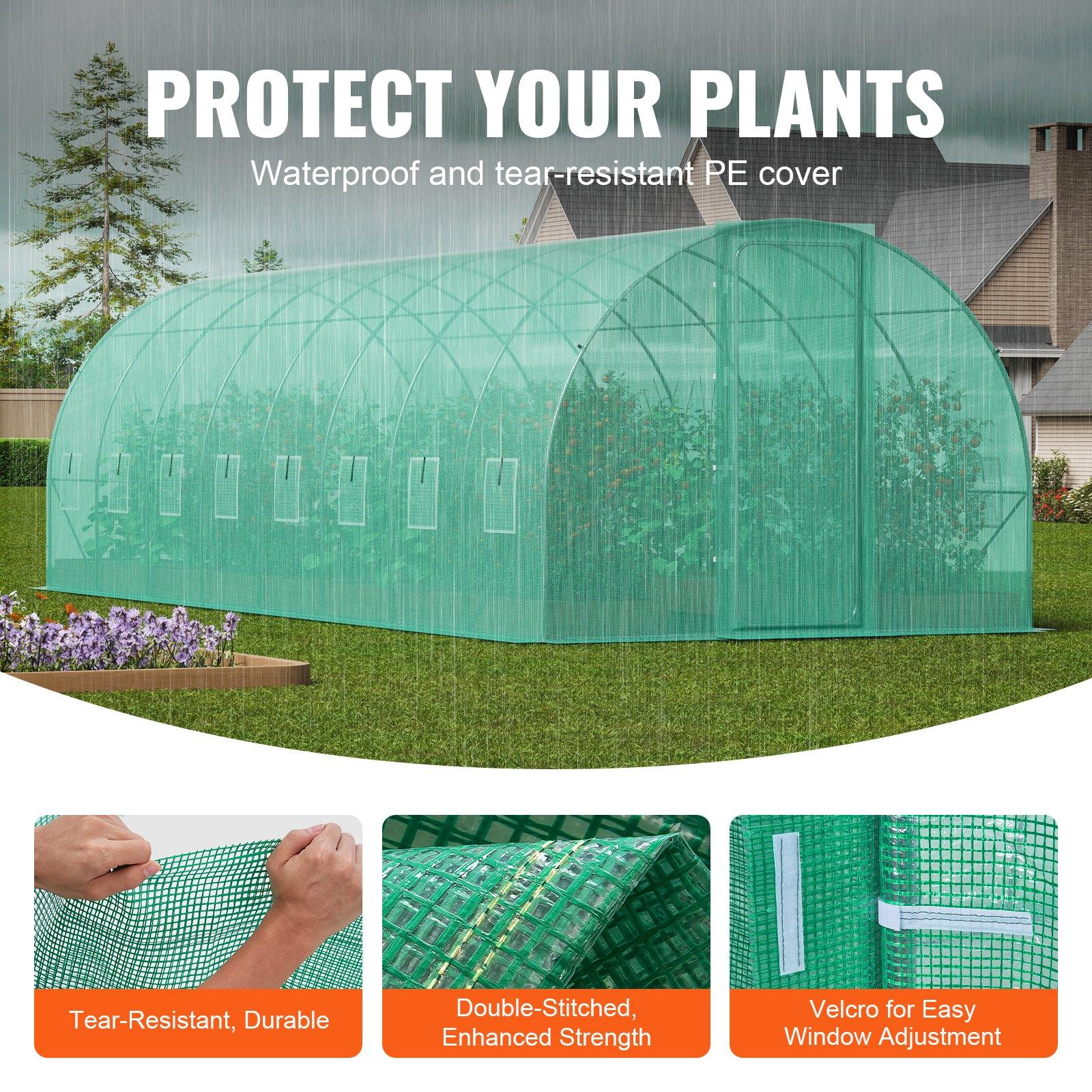 VEVOR Walk-in Tunnel Greenhouse, 27.4x9.5x7.4 ft Hoop House Greenhouse Tunnel, Plant Hot House with Galvanized Steel Frame, Green PE Cover, Swing Door and 16 Roll-up Windows for Outdoor