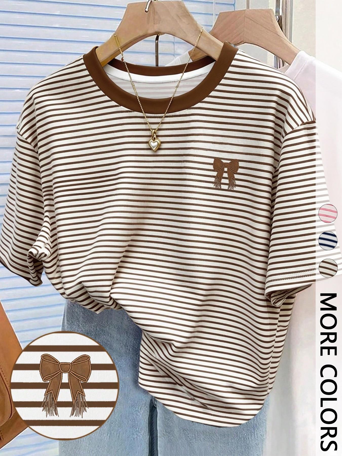 Women's Striped Digital Print T-Shirt, Butterfly Knot Round Neck, Casual Loose-Fitting Top, Daily Wear, Summer, Plain Surface, Unlined, Everyday