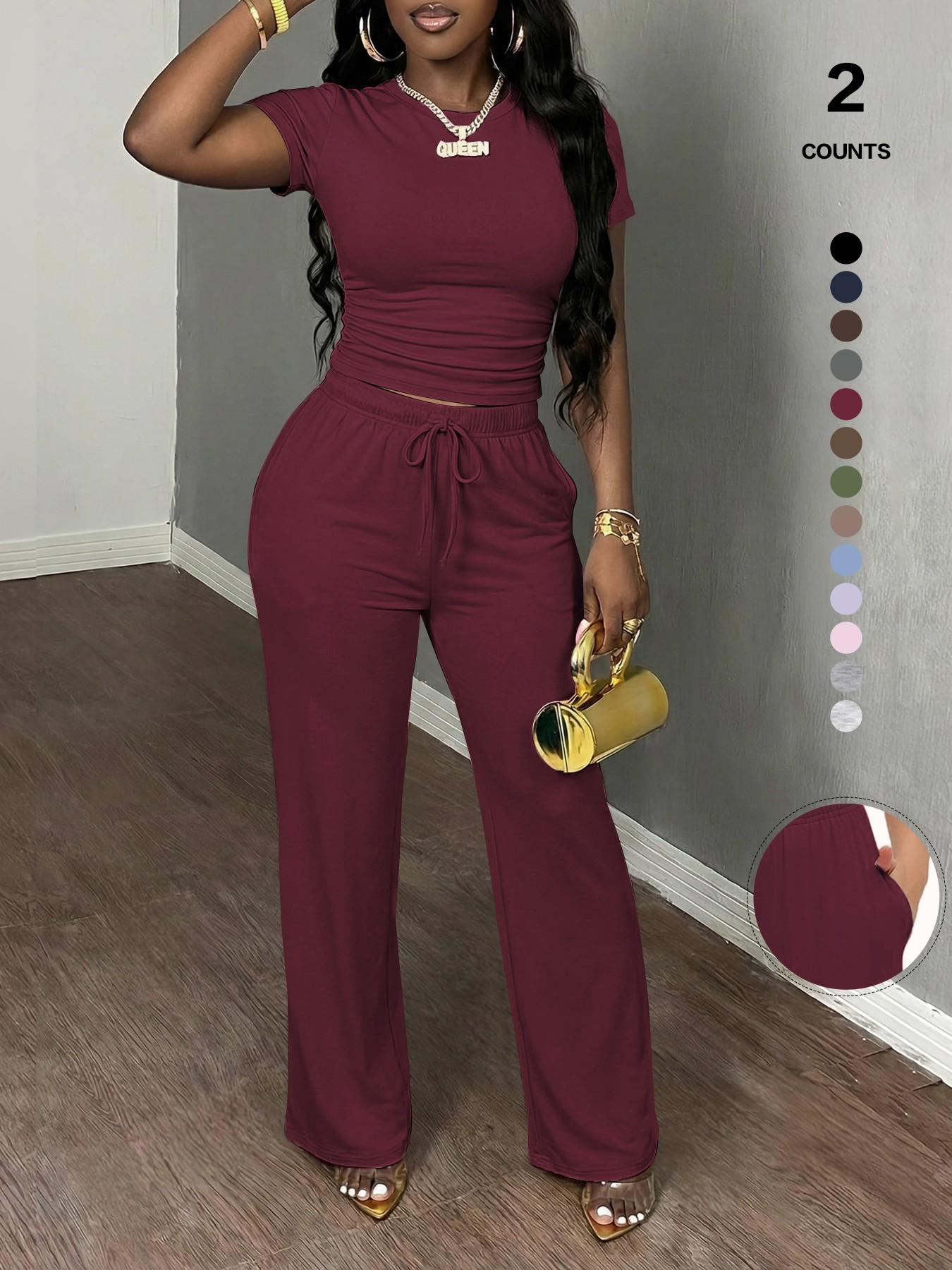 Women's Spring Summer Casual Set, Round Neck Short Sleeve Top & Wide Leg Pants, Slim Fit Home Wear, 2 Piece Comfortable, Casual Fashion Set