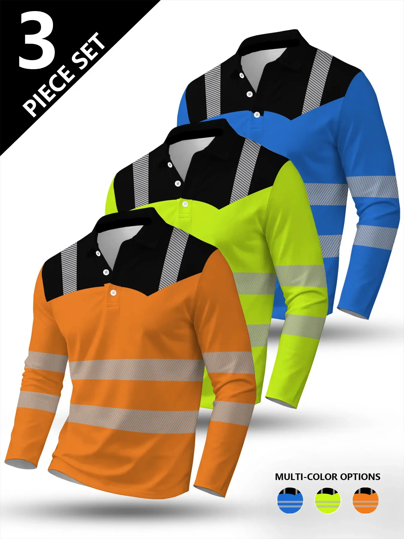 3-Pack Men's American Style Outdoor Workwear Long Sleeve Polo Shirts, Reflective Stripe Print, Fitted Knit, Casual All-Season Top