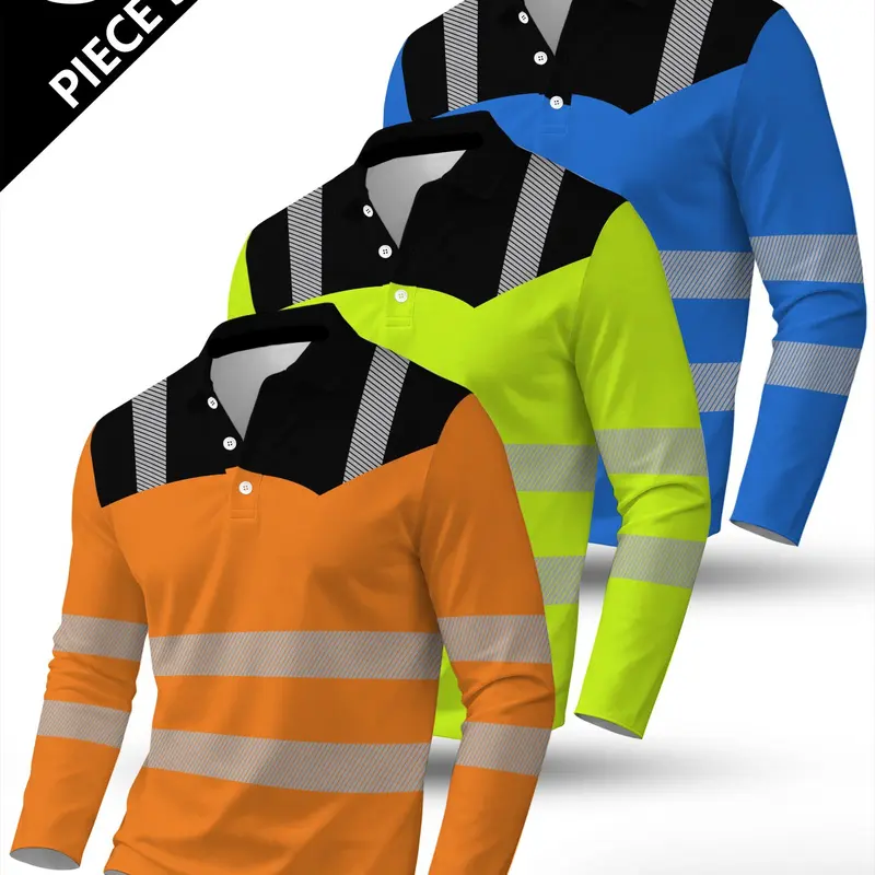3-Pack Men's American Style Outdoor Workwear Long Sleeve Polo Shirts, Casual All-Season Reflective Stripe Print Fitted Knit Top