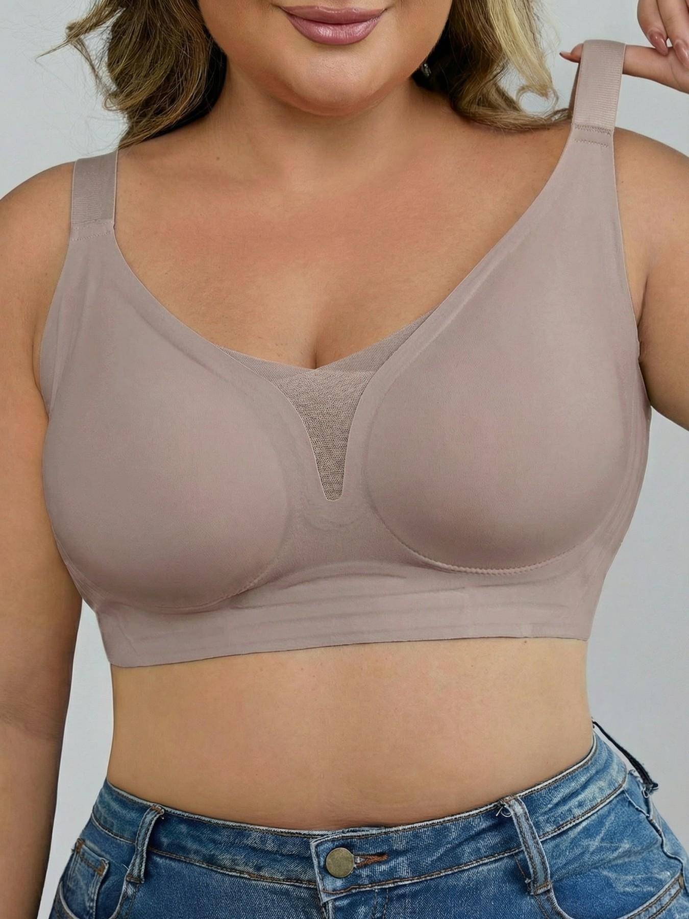 Women's Plus Size Seamless Wireless Bra - Gather & Lift Support, Breathable Mesh, High Side Wings for Side Fat Control, No Underwire Comfort