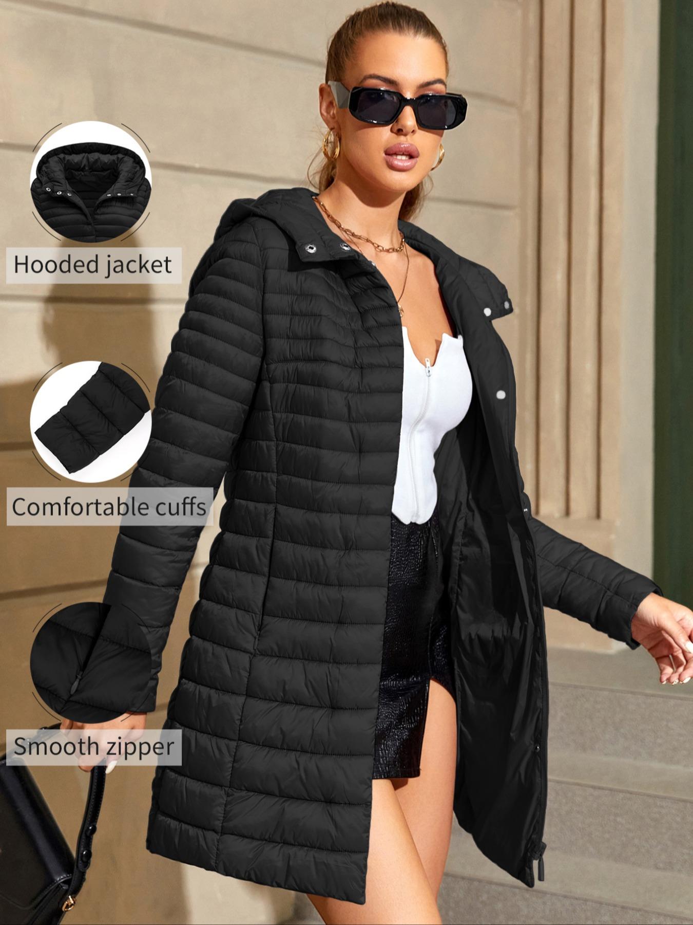 Women's Mid-Length Puffer Coat, Casual Hooded Jacket with Pockets, Fall & Winter Warm Woven Outerwear, Lightweight Thick Fabric