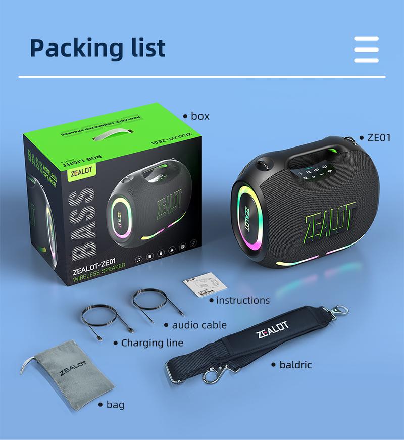 120W【ZEALOT】24000mAh/LIMITED/OFFERS Portable Speaker Bluetooth Speaker Party Speaker Waterproof IPX6 RGB Lights Power Bank TWS supports TWS pairing/USB/TF/AUX/BT smartphones. Ideal choice for family/car/Pool Party/BBQ/camping/gift giving