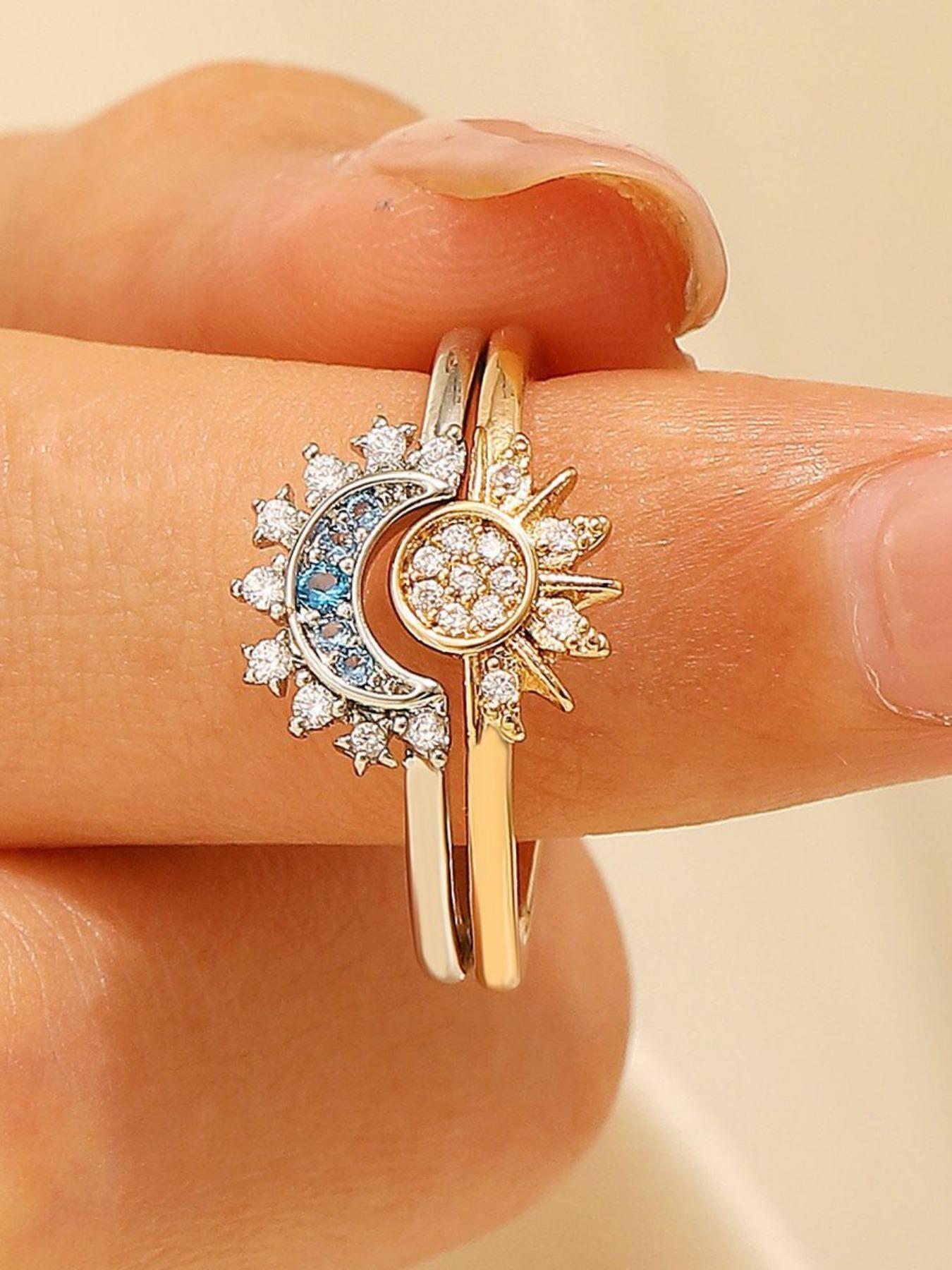 Sun Moon Day Night Star Ring Set Couple Stackable High-End Fashion Jewelry, Perfect for Parties, Daily Wear, Holiday Gifts