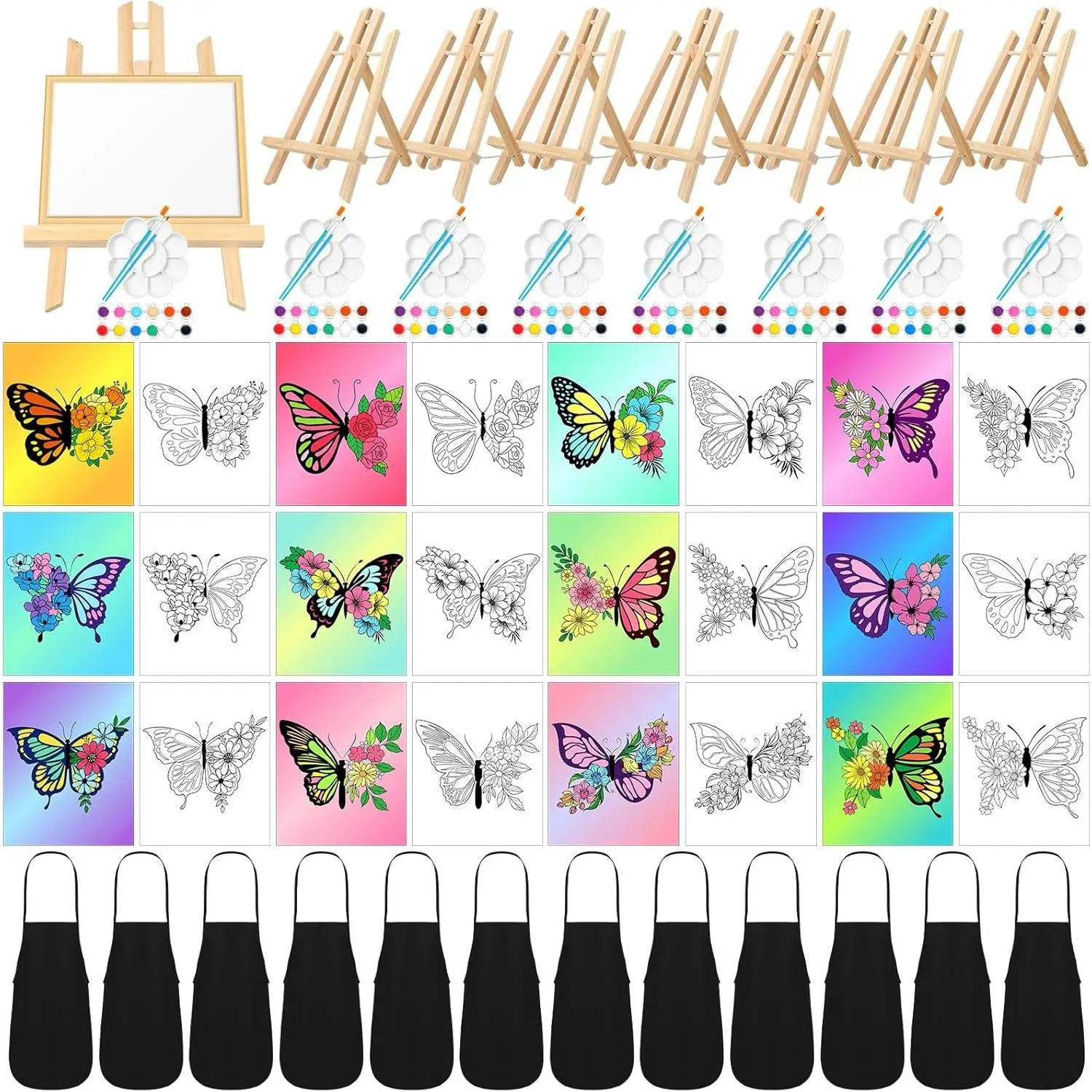 12 Set Pre Drawn Canvas for Painting for Adults Sip and Paint Kit with Easels 8 x 10 Inches Paint Party Kit with Printed Canvas Paints Brushes Palette Bag Apron(Butterfly Flower)