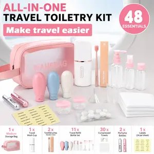 48PCS Travel Toiletry Kit Set for Women & Men | Portable Organizer Bag with Toothbrush Cup, Refillable Bottles, Compressed Towels & Perfume Spray Bottles for Vacation, Camping, Flight Essentials