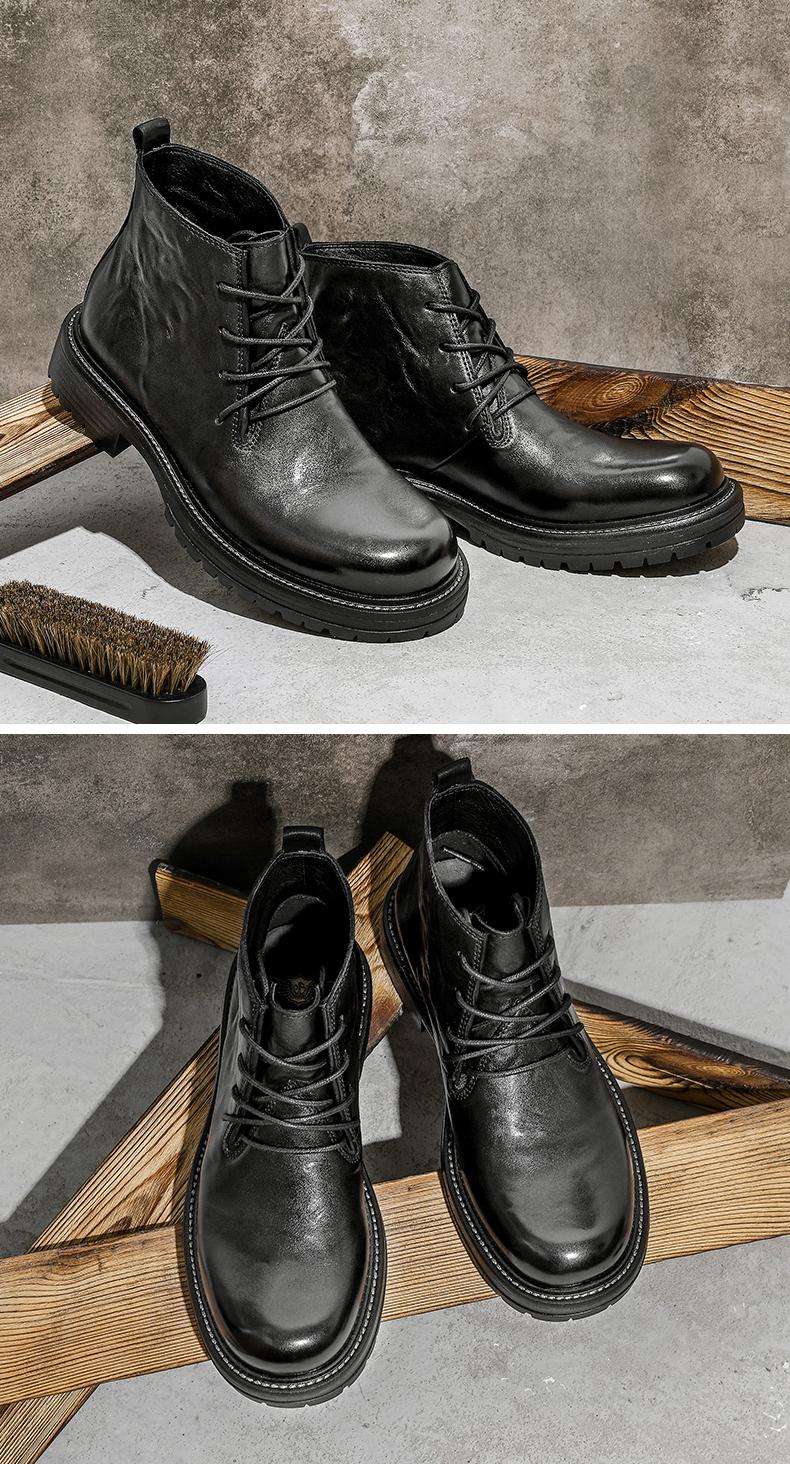 DESAI Leather Ankle Boots Calfskin Men's Classic Soft Handmade lace-up Dress Boot for Motorbike Hiking Walking Footwear Closed Round Toe Winter Fur Shoe Botas Para Hombres DS6319H