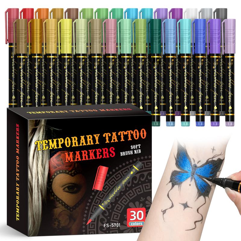 Temporary Tattoo Markers for Skin, 10/15/30-Count Body Markers 10/15/30 Colors Tattoo Pens,Flexible Brush Tip, Bright colors, Face Paint Kit Cosmetic Quality,Halloween makeup