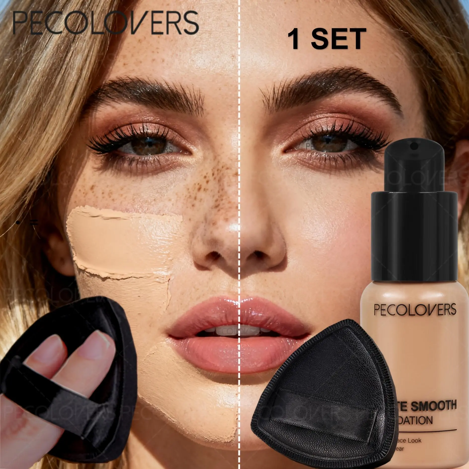2PCS/Set Liquid Foundation Set, Full Coverage Liquid Foundation + Black Triangle Puff, Lightweight, Matte Finish, Daily Travel Essential, Covers Blemishes, Perfect Christmas Gift Series, Lightweight Liquid Makeup