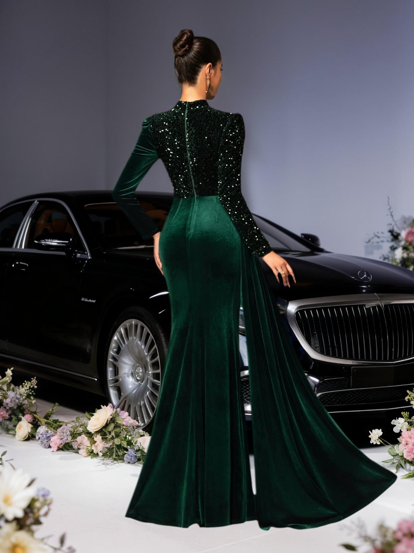 Elegant Velvet Mermaid Tail Long Dress, Sequined Embroidery, Luxury Evening Gown for Celebrations, Weddings & Cannes Parties