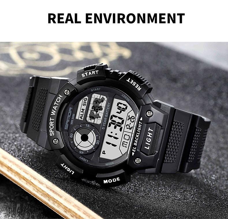 Sanda Fashion Waterproof Digital Watch for Youth, Dual Time, Stopwatch, Alarm, Luminous, Week Date, 12/24h, Casual Style, All Seasons