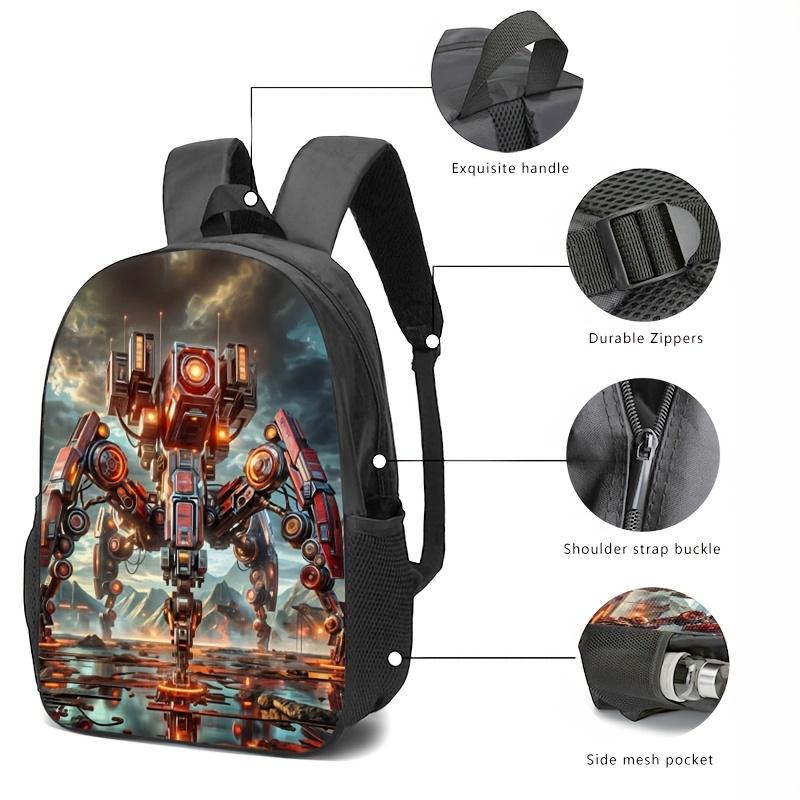 Sci-fi mecha-themed backpacks, handbags, and pencil cases featuring a design of a red heavy mech set against a ruined battlefield backdrop; the high-definition prints are durable and fade-resistant. Features include adjustable shoulder straps and a high-c