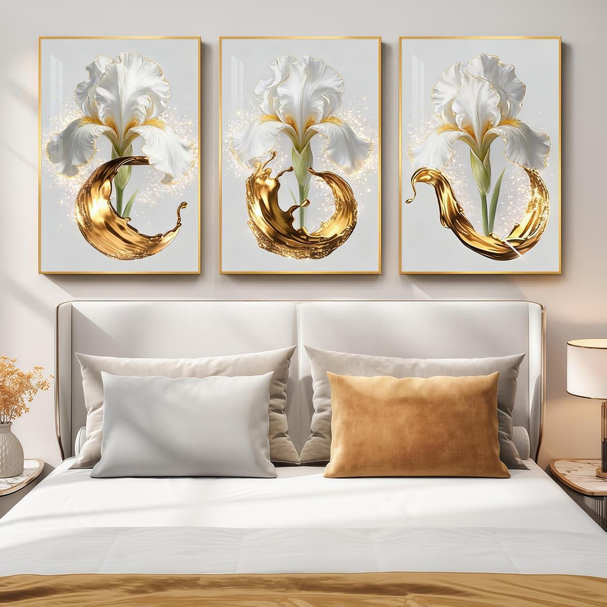3 Counts Aluminum Alloy Framed Painting, Elegant White Iris And Golden Splash Art Pictures, Home Decoration For Living Room, Bedroom, Office, Restaurant, Hallway Wall Decor, Odorless Print Artwork, Luxury Perfect Gift For Friends And Family