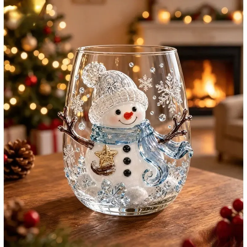 Winter Snowman Clear Glass Tumbler, Ice-Blue Crystal Snowflake, Christmas Holly Ornament, Holiday Decor Drinkware, Perfect Christmas Gift