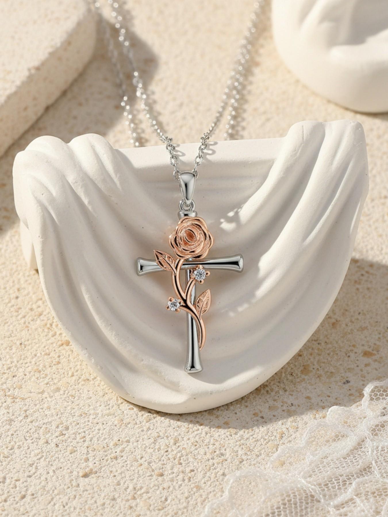 Blazing Rose Vow · Silver Rose Premium and stylish rose & cross necklace, elegant and fashionable.Comes with a card for mom or daughter.Perfect mysterious gift for festivals, great gift for daughter and ideal for Mother's Day.