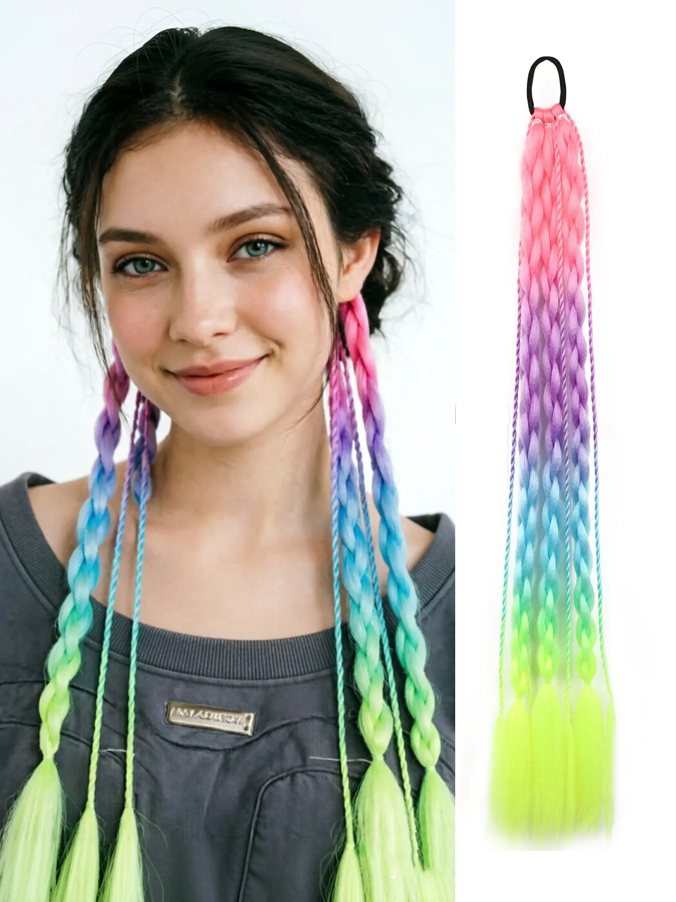 Pink-purple-blue-green gradient braided ponytail extension; 24-inch colorful synthetic hair extension with an elastic hair tie. Beginner-friendly and a fun accessory for girls' "Crazy Hair Day"; suitable for daily wear, festivals, cosplay, and parties.