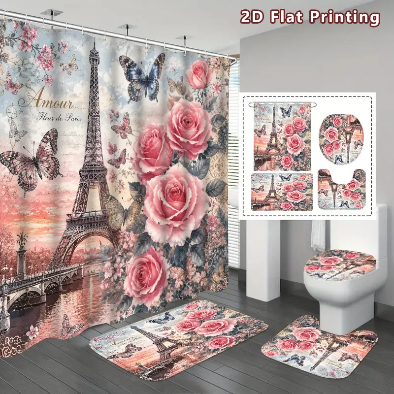 4-Piece French shower curtain and bathroom mat set with toilet cover - pink and blue Eiffel Tower floral bathroom decoration, U-shaped design suitable for home use, including hooks, universal in all seasons, toilet cover with coordinated bathroom