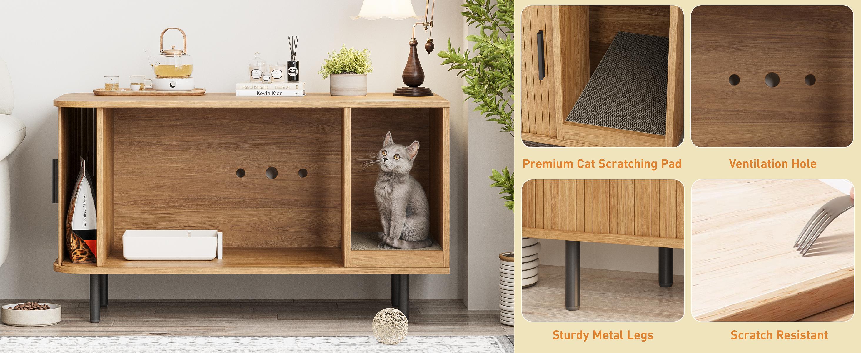 Vabches Cat Litter Box Enclosure with Cat Scratch Pad, Sliding Door, 37.4" Litter Box Enclosure Furniture Hidden Litter Box, Modern Indoor Cat House, TV Stand, Side End Table for Living Room