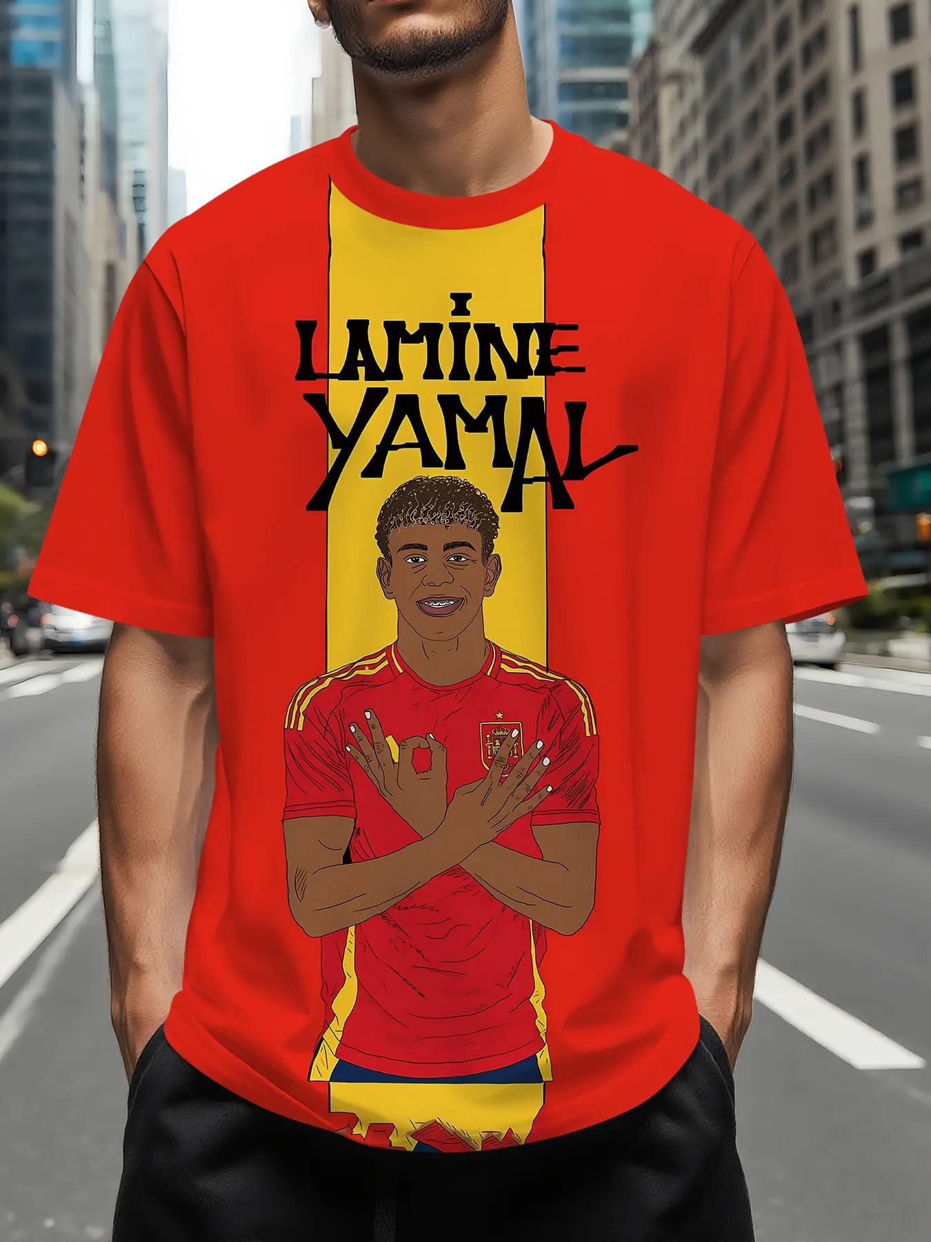 Men's Yarmal Spanish Print T-Shirt, Football Street Style Round Neck Short Sleeve Top, Loose-Fitting, All Seasons