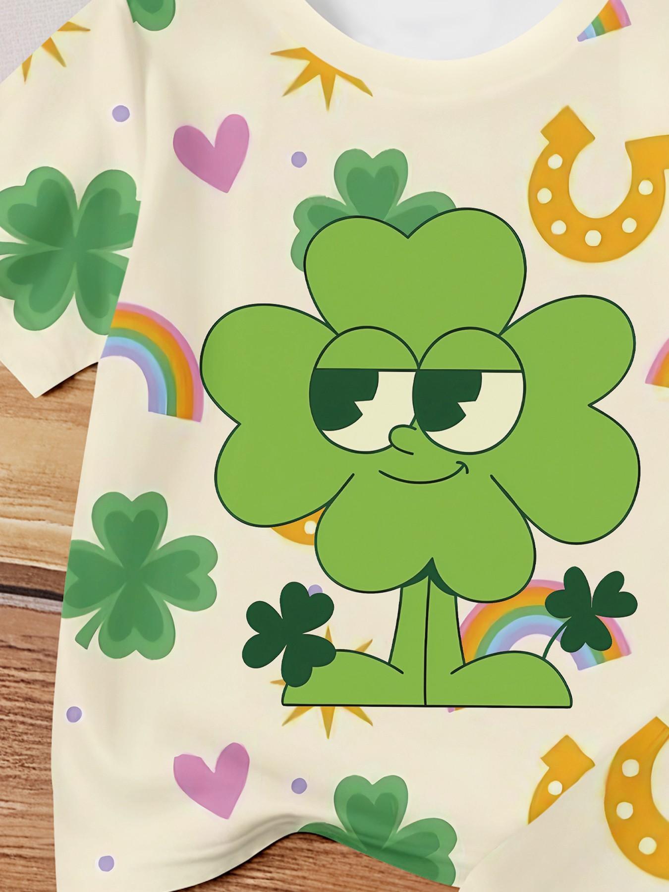 Lucky Four-Leaf Clover Kids' Two-Piece Short Sleeve and Shorts Set, 100% Polyester Casual Loose-Fit Outfit, Summer Fun Printed Pattern, Outdoor Sports T-Shirt Set, Perfect Gift for Boys