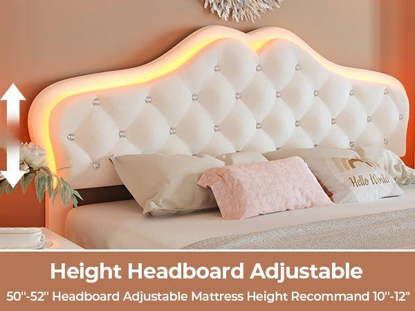 Sikaic Princess Velvet Upholstered Platform Bed Frame with Adjustable Crystal Button Headboard and RGB LED Lights Creamy White Furniture Design Home Pink