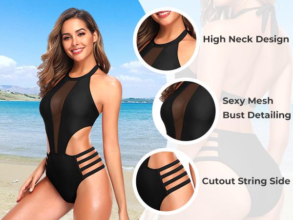 Tempt Me Women One Piece Sexy Mesh Swimsuit High Neck Halter Cutout Monokini Swimwear Tempt Me Women One Piece Sexy Mesh Swimsuit High Neck Halter Cutout Monokini Swimwear