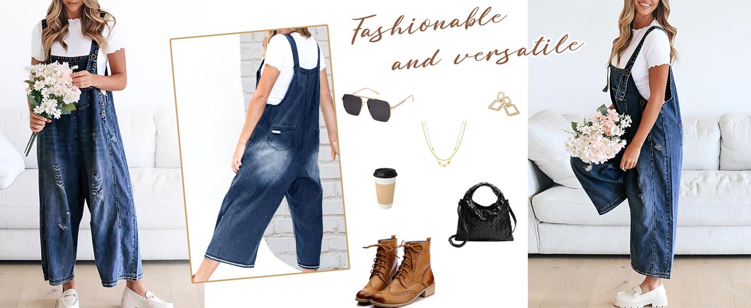 Chouyatou Women Loose Adjustable Strap Denim Bib Overall Jeans Distressed Wide Leg Baggy Overalls Jumpsuit SpringStatements Chouyatou Women Loose Adjustable Strap Denim Bib Overall Jeans Distressed Wide Leg Baggy Overalls Jumpsuit SpringStatements