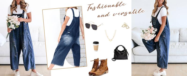 Chouyatou Women Loose Adjustable Strap Denim Bib Overall Jeans Distressed Wide Leg Baggy Overalls Jumpsuit
