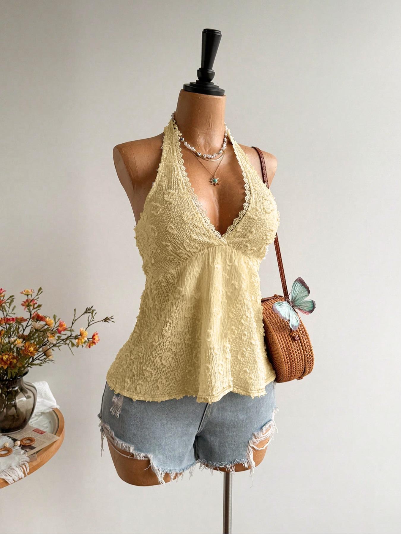 Women's Fashion Comfortable Casual Fitted Lace Patchwork Tie-Back Halter Tank Top Vest, Stylish Backless Design, Perfect for Daily Wear