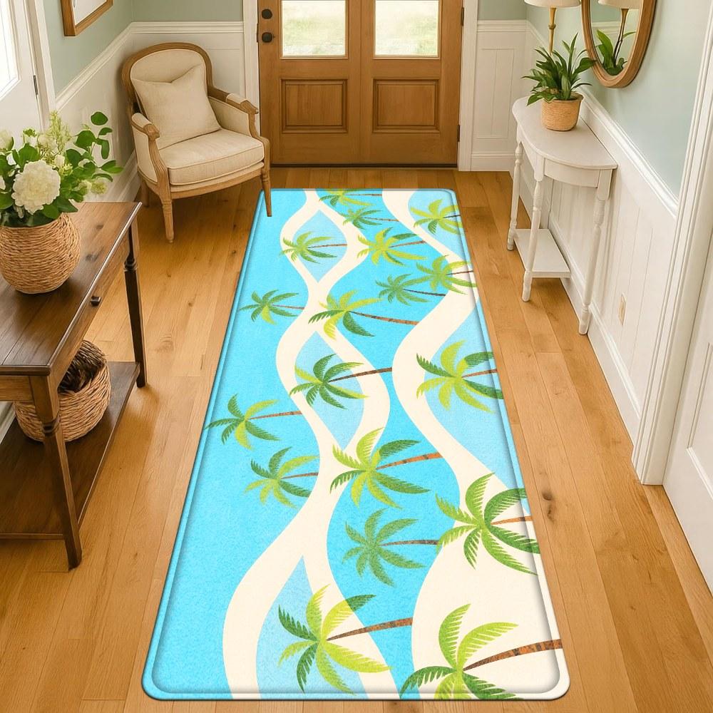 1PC， Spring Coconut Tree Beach Scene Patterned strip rugs, home décor, bathroom mats, entryway mats, bathroom non-slip mats, indoor entrance rugs, bedroom bedside mats, kitchen mats, hallway rugs, flannel sponge rugs, hallway runner rugs