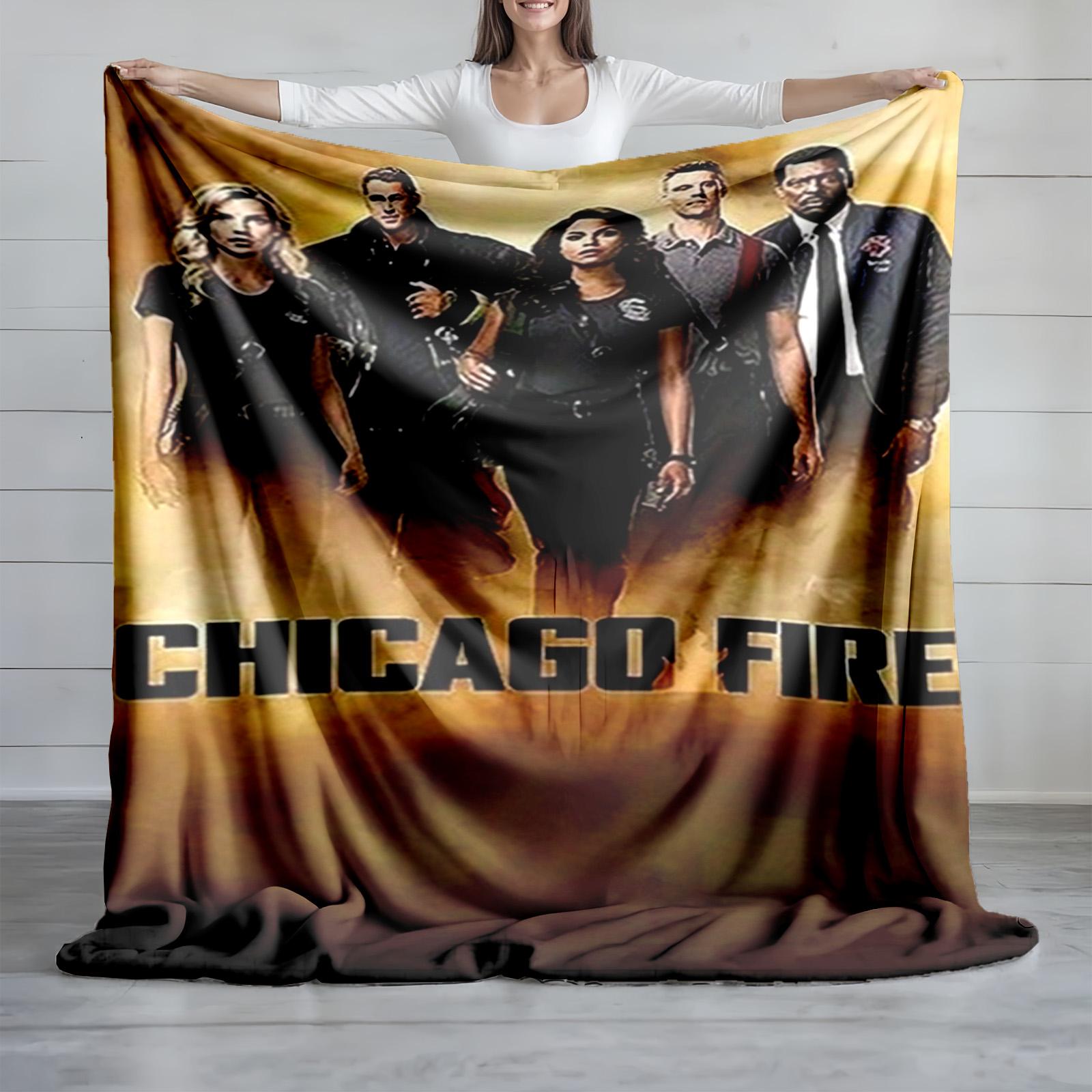 1 piece Chicago Fire TV Series Poster themed flannel blanket - All-season comfortable flannel blanket, modern design style, suitable for sofas and beds, digitally printed pattern, super soft and warm, 100% polyester material, machine washable