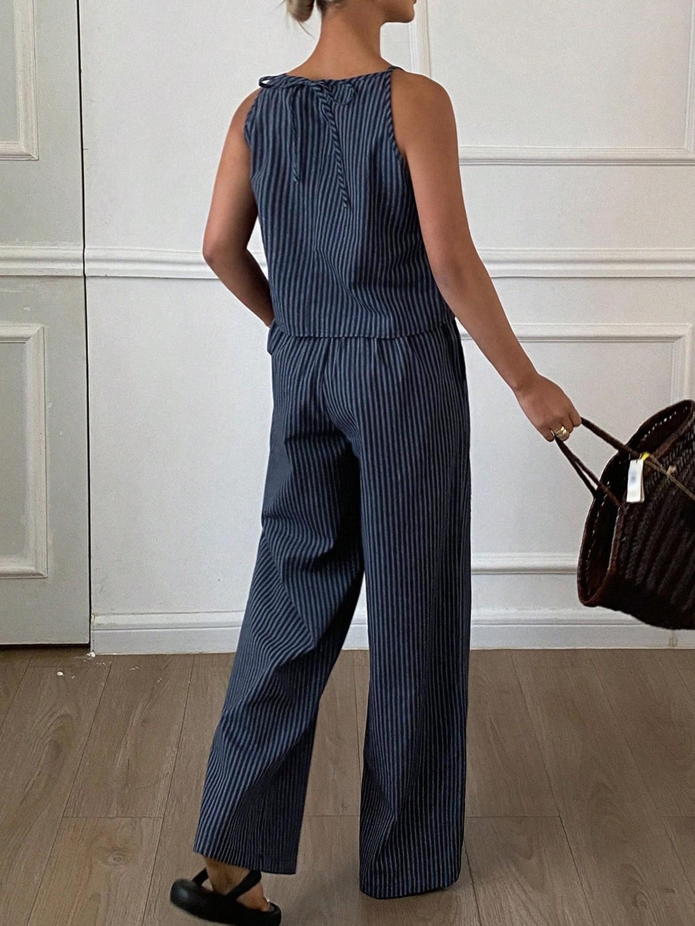 Two-Piece Women's Casual Summer Striped Lightweight Spaghetti Strap Sleeveless Top & Loose Long Pants Outfit Set, Comfortable Stylish Set Two-Piece Women's Casual Summer Striped Lightweight Spaghetti Strap Sleeveless Top & Loose Long Pants Outfit Set, Comfortable Stylish Set