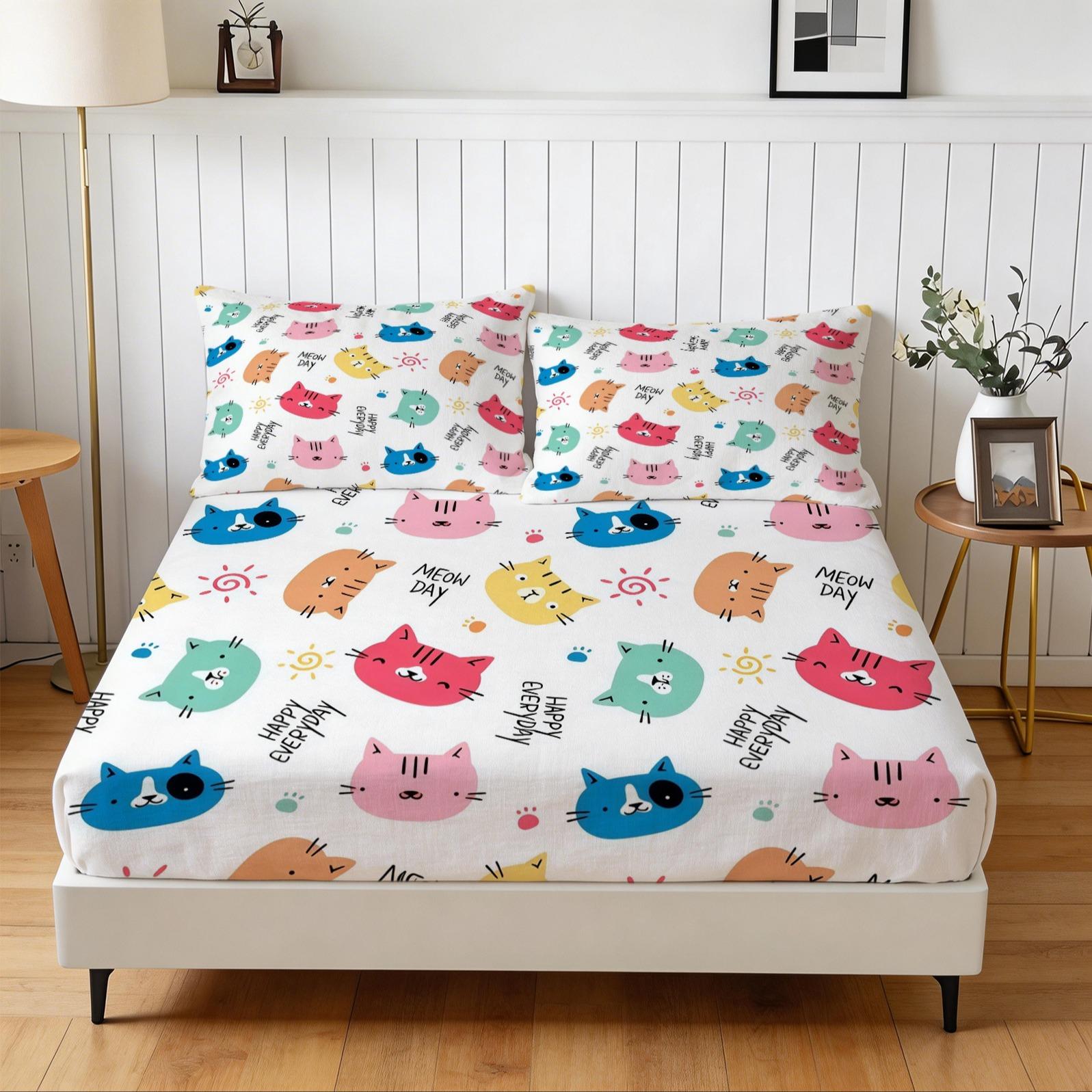 3 Piece Cute Cartoon Cat Fitted Sheet Set, 1 Fitted Sheet + 2 Pillowcases, Soft Skin-Friendly Kawaii Cat Meow Print Bedding, Ideal Gift for Cat Lovers Women Girls Teens Kids
