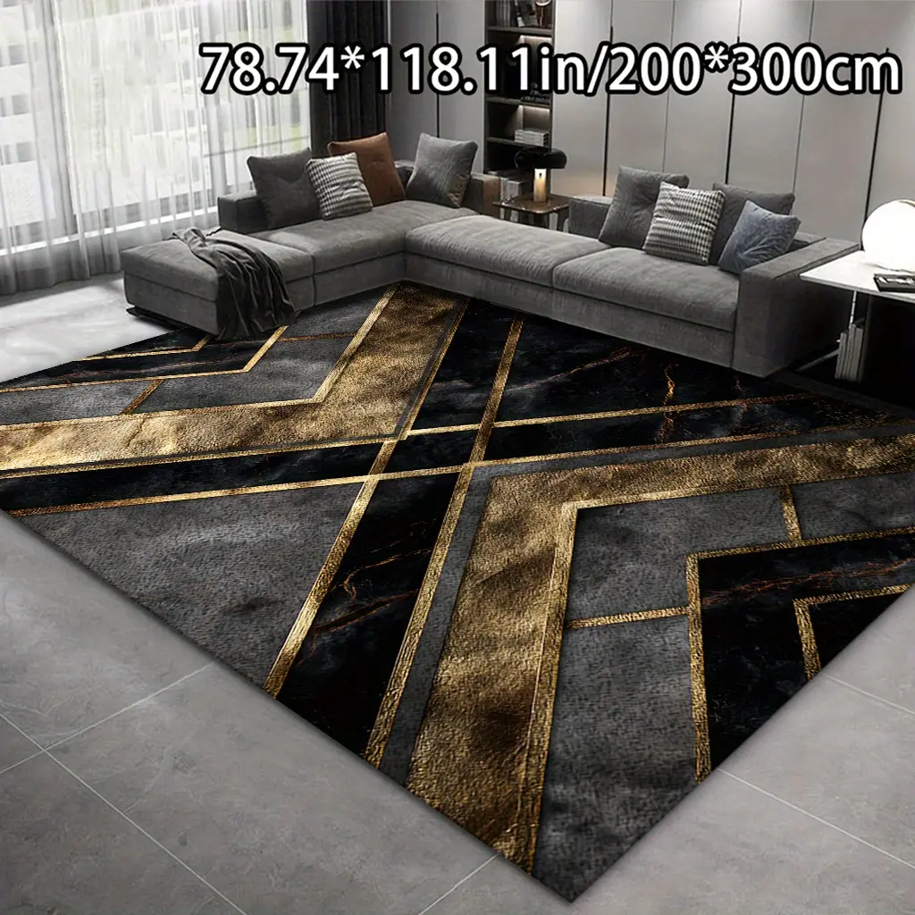 Black and gold geometric cross-pattern carpet, suitable for living rooms, bedrooms, and offices. It is a decorative carpet, living room carpet, room carpet, and area carpet