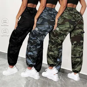 3-piece Set Women's Camo Cargo Pants, Women's Camouflage Cargo Pants, Women's Lightweight Breathable Cargo Pants, Women's Elastic Waist Camo Pants, Women's Casual Camo Joggers Women's Clothing